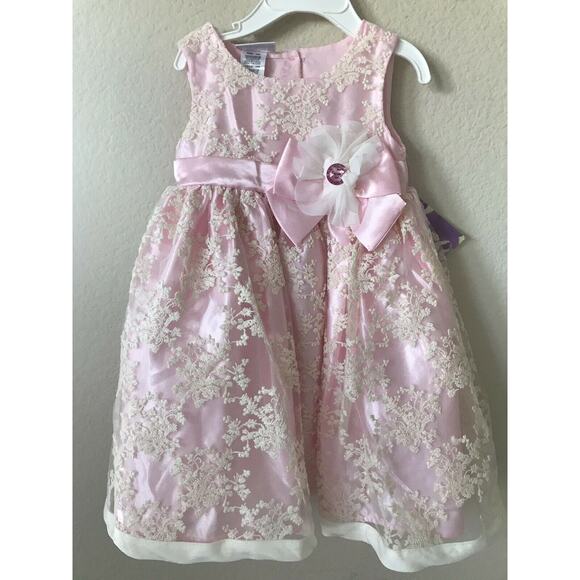 Blueberi Boulevard Pink Flower Bow Lace Overlay Sleeveless Girls Dress Size 18M - Picture 2 of 4